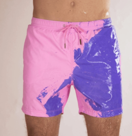 Magical Change Color Beach Shorts Summer Men Swimming Trunks Swimwear Swimsuit Quick Dry bathing shorts Beach Pant (Option: Pink-XL)